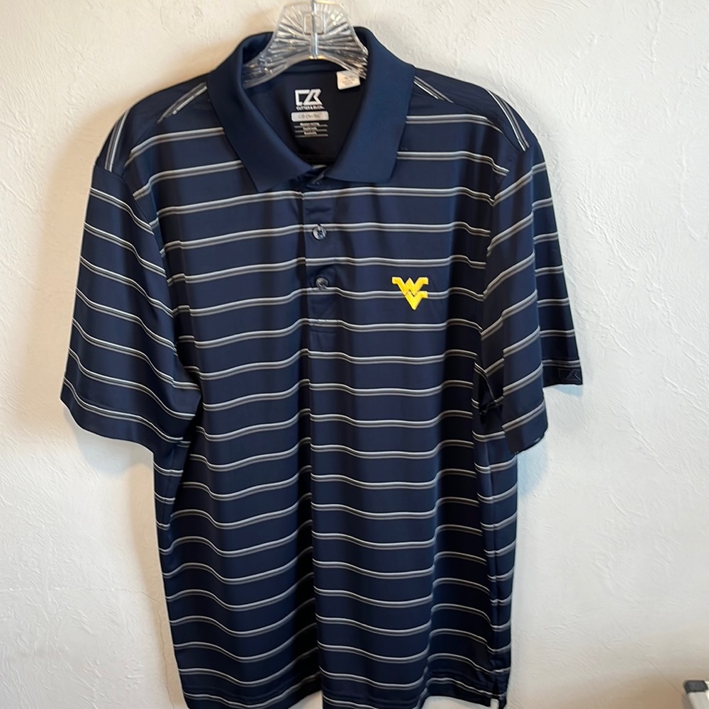 WV Cutter and Buck DryTec Medium ,Blue with White & Gray Stripes. Like New.